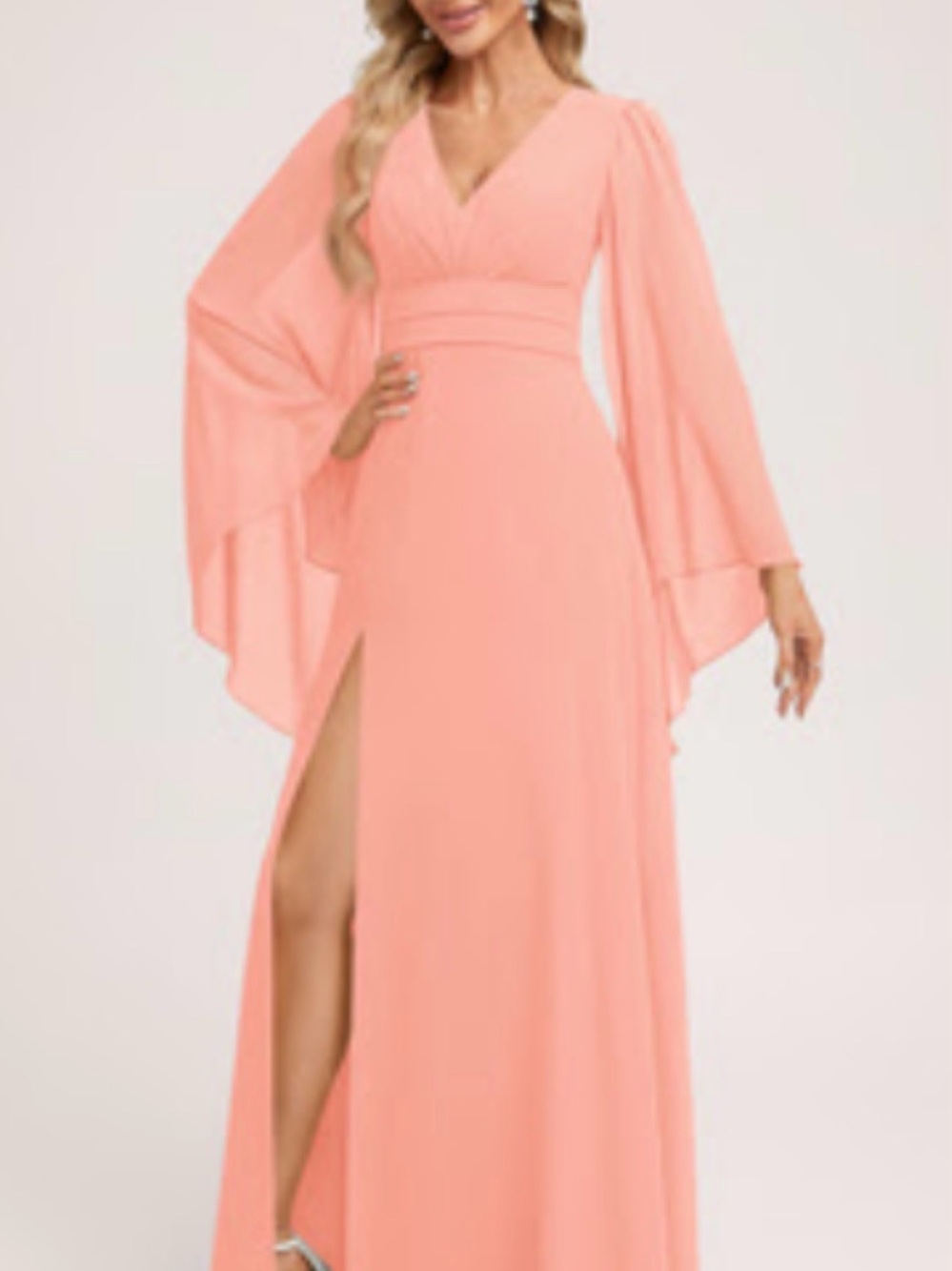 JJs House Coral Peach V-Neck Maxi Dress with Cape Sleeves